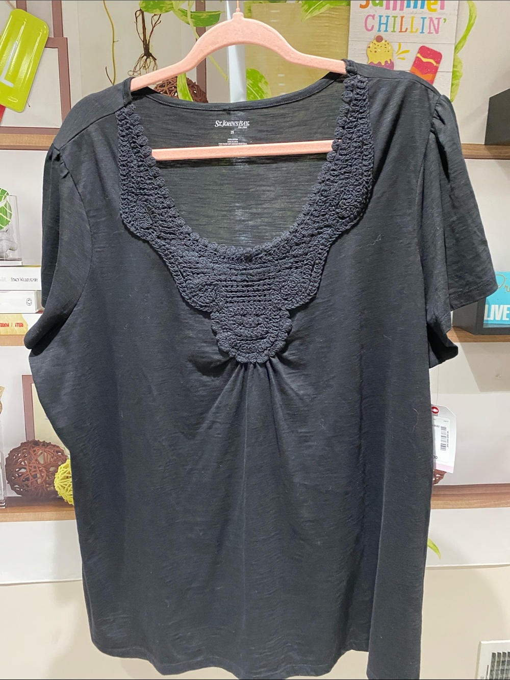 St. John's Bay Black Short Sleeve Top with Crochet Yoke. 2 X. Ptp is 25